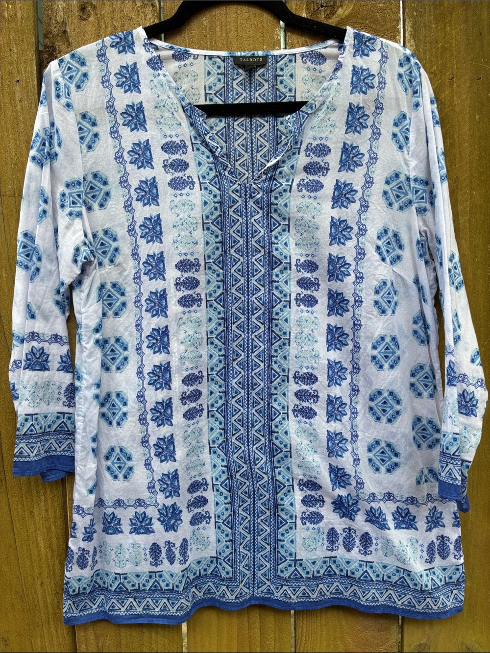 Talbots Blue & White cotton Printed V-Neck Border-Print Tunic